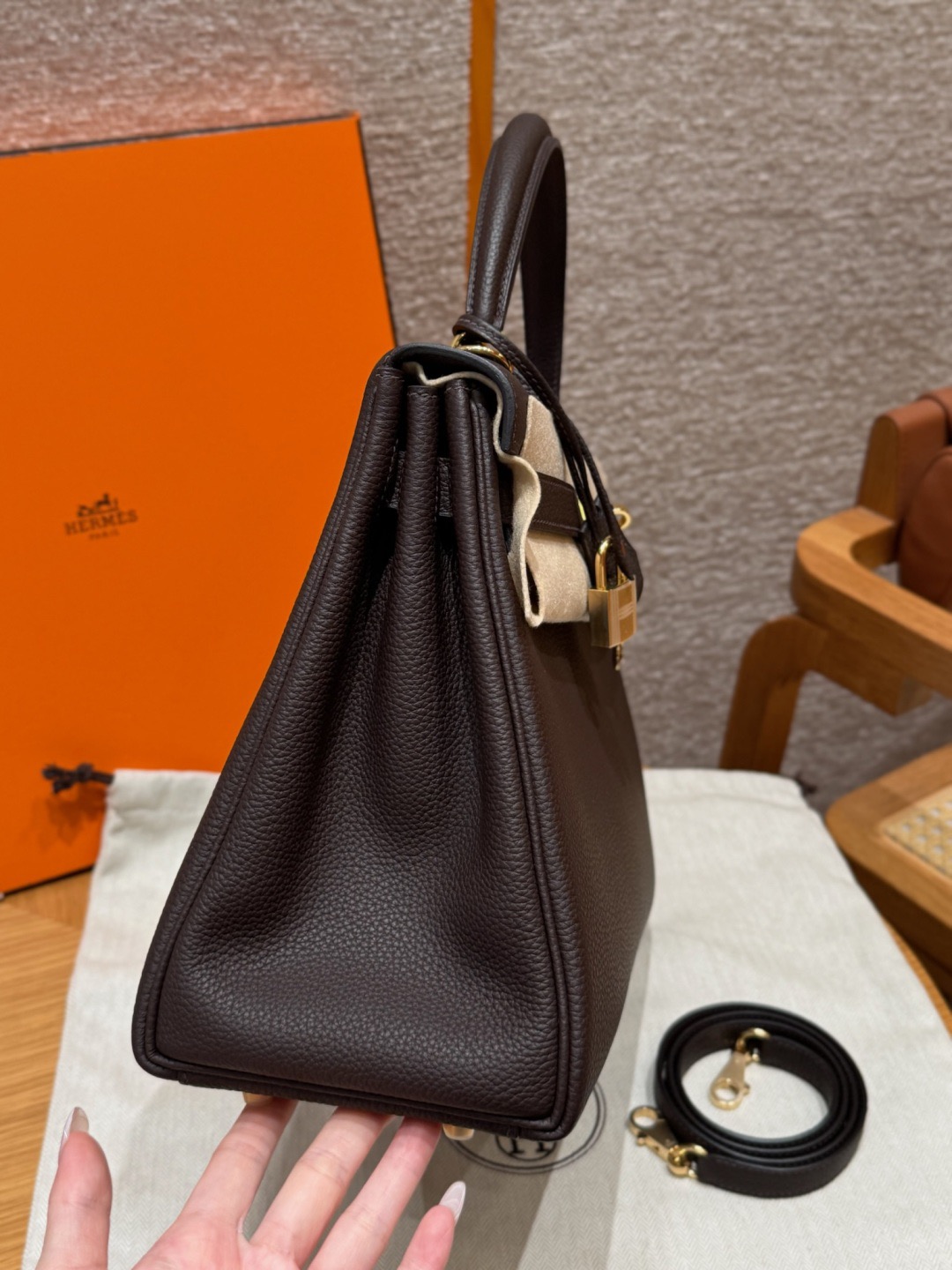 Kelly 28cm, black, French imported cowhide, with gold hardware inside stitching.