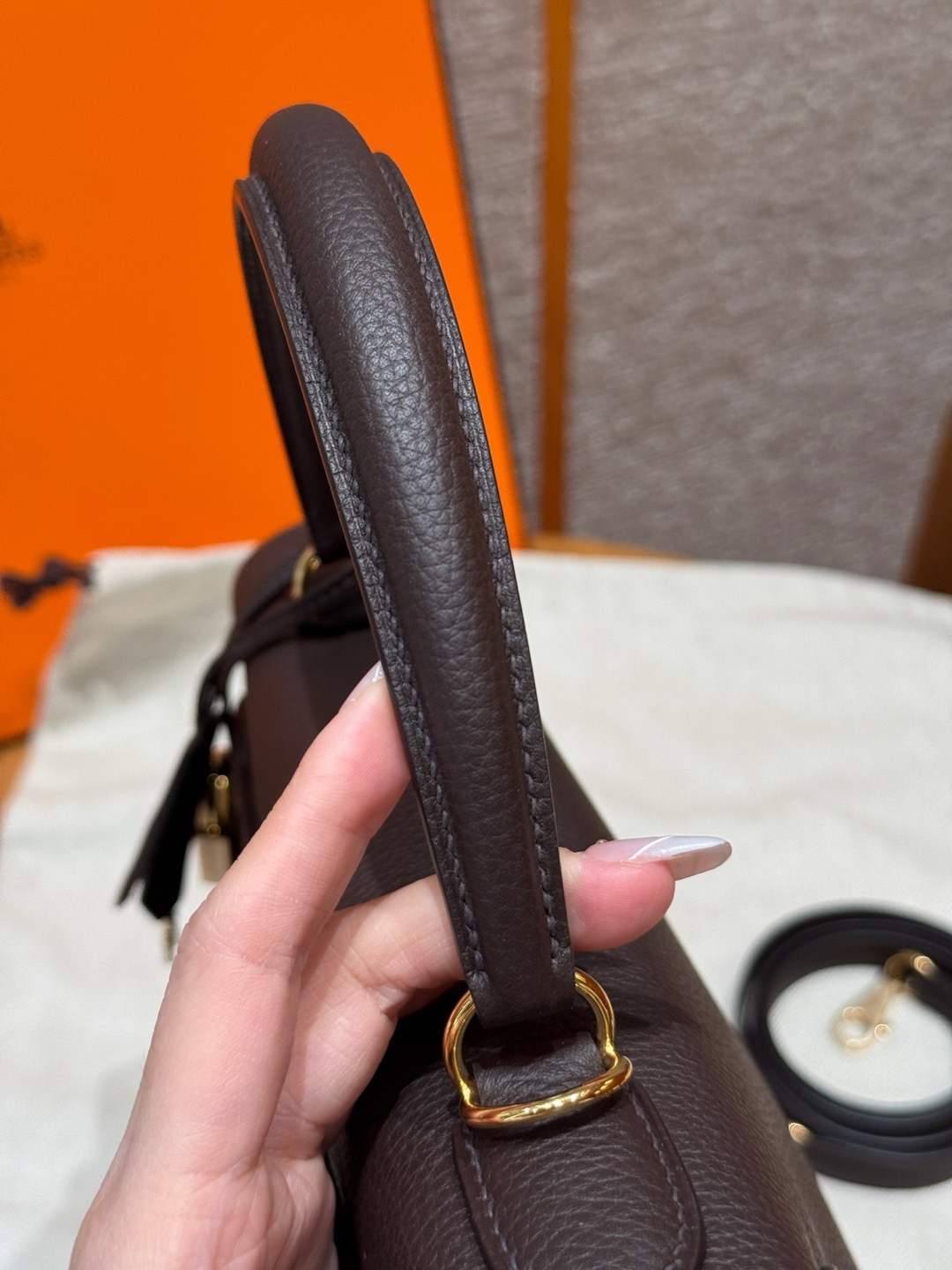 Kelly 28cm, black, French imported cowhide, with gold hardware inside stitching.