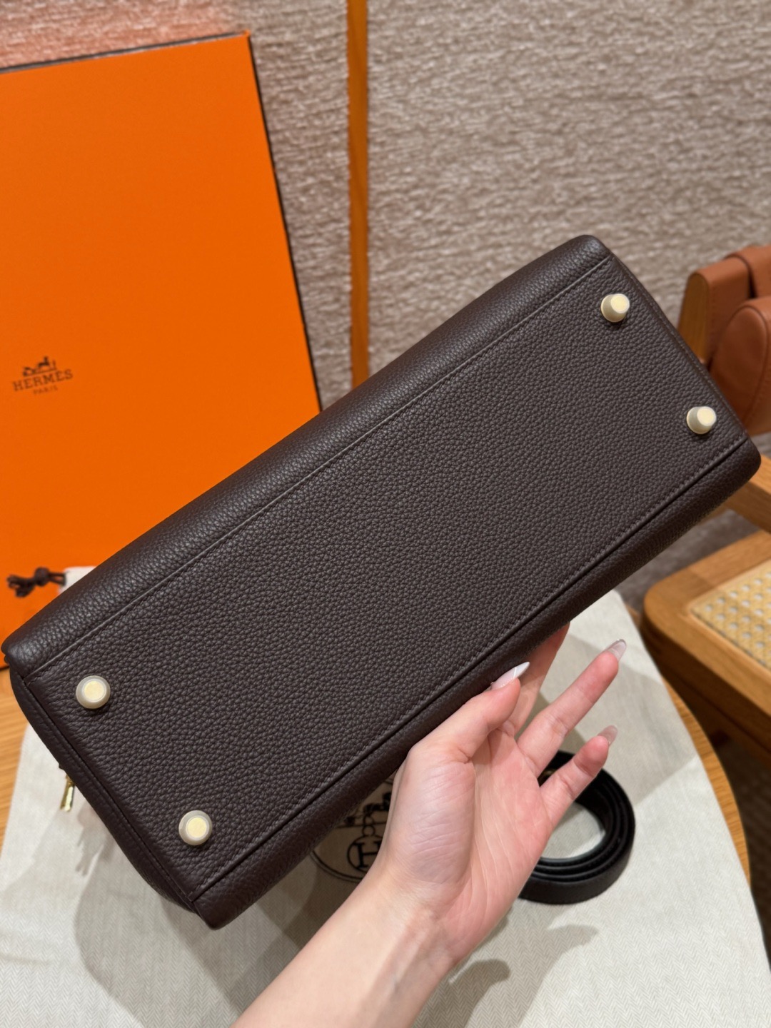 Kelly 28cm, black, French imported cowhide, with gold hardware inside stitching.