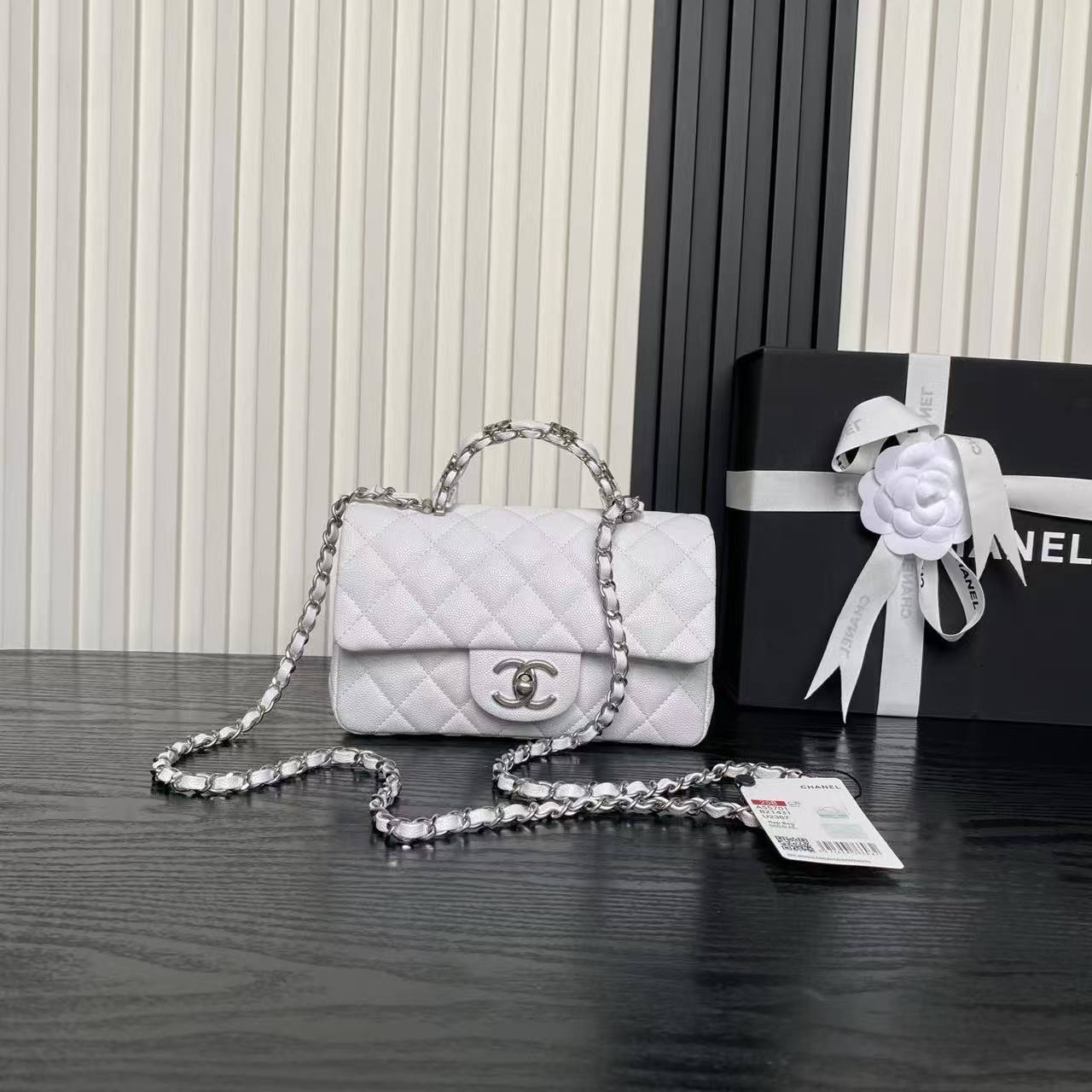 Classic Chanel White Caviar Flap Bag With Top Handle 🤍