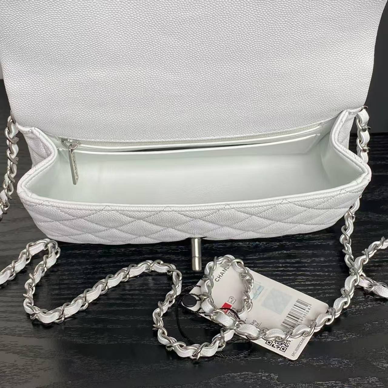 Classic Chanel White Caviar Flap Bag With Top Handle 🤍