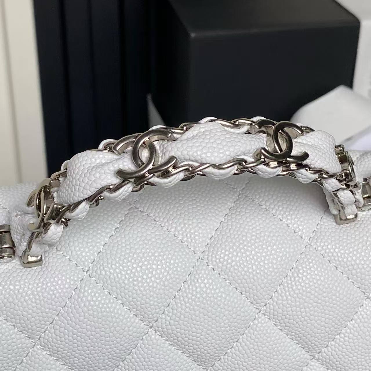 Classic Chanel White Caviar Flap Bag With Top Handle 🤍