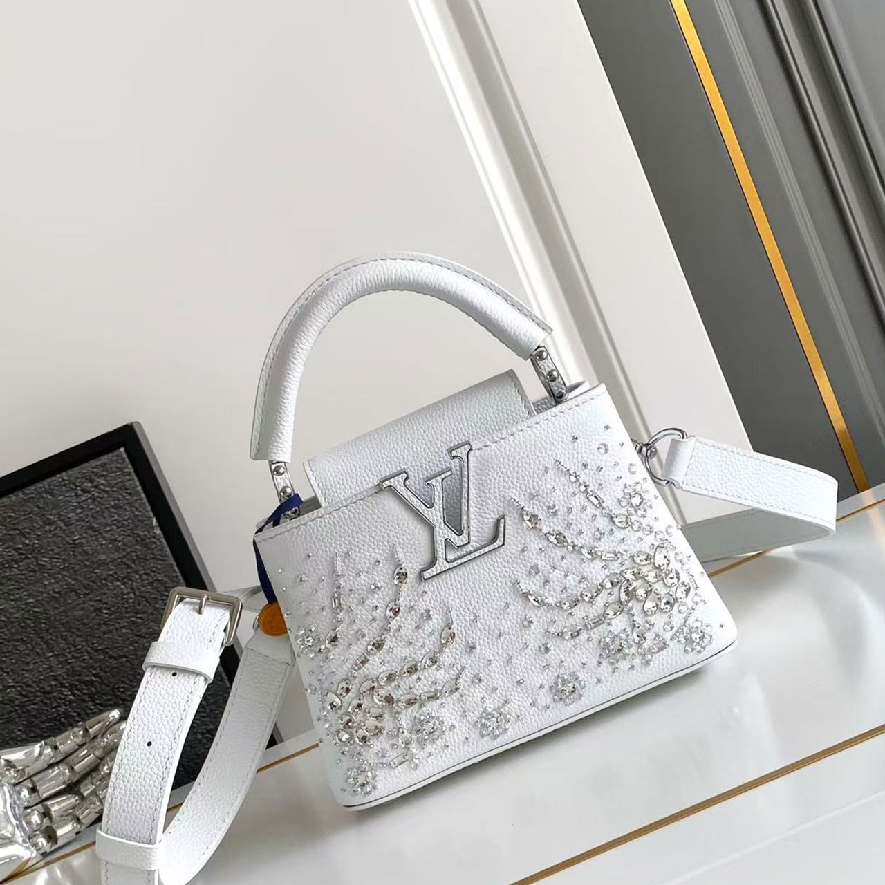 LV Capucines Mini White Gradient Crystal Diamond Handbag