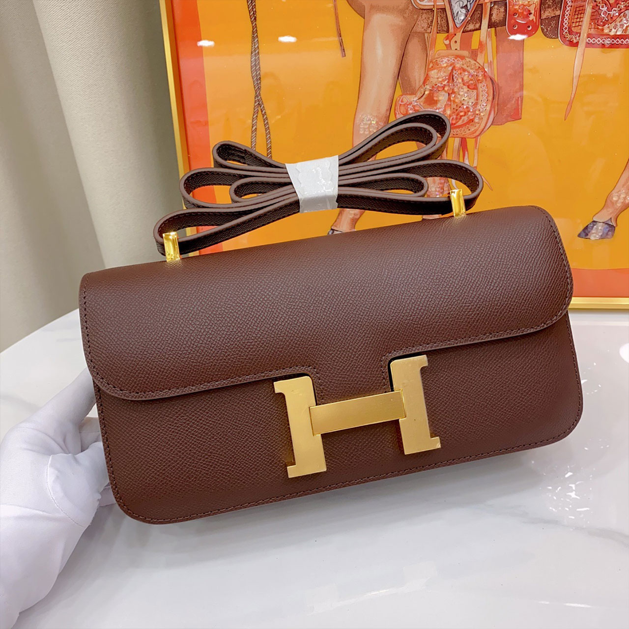 Herm è s Constance Elan Light Grey Beige Palm Pattern Underarm Bag