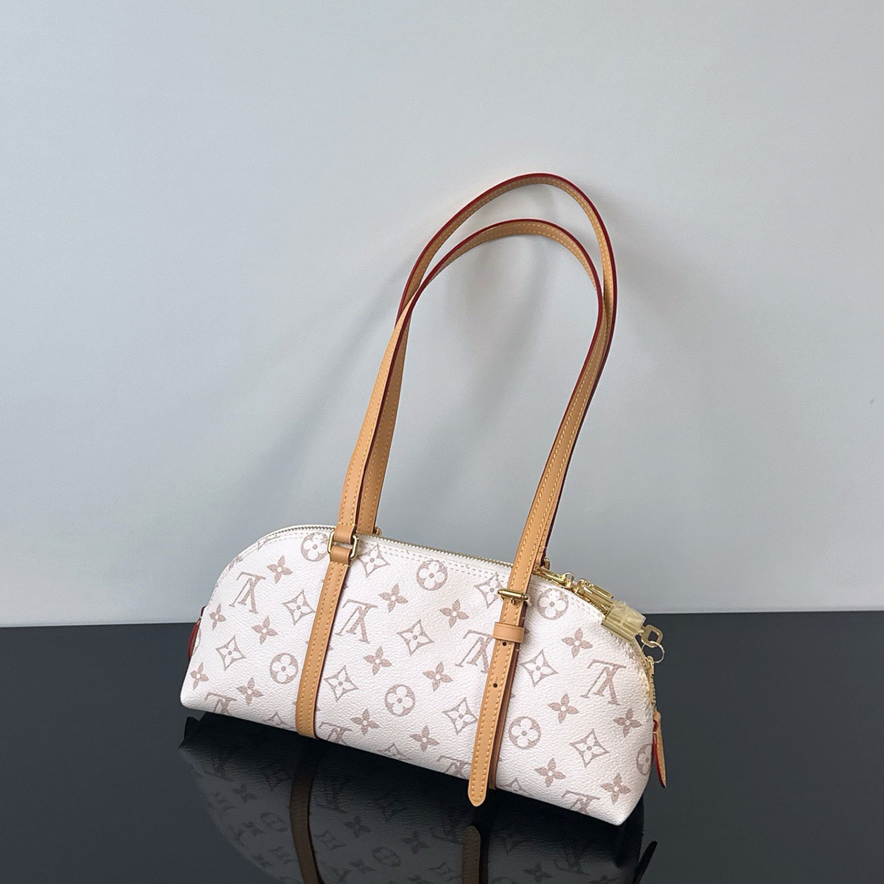 LV White Cherry Blossom Pink Monogram Arc Shaped Shell Underarm Bag