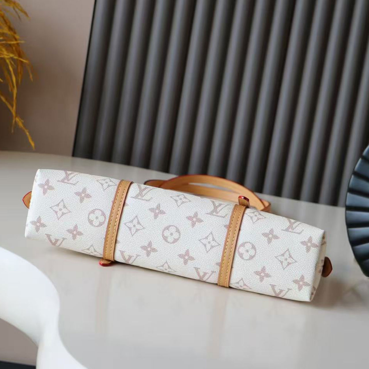 LV White Cherry Blossom Pink Monogram Arc Shaped Shell Underarm Bag