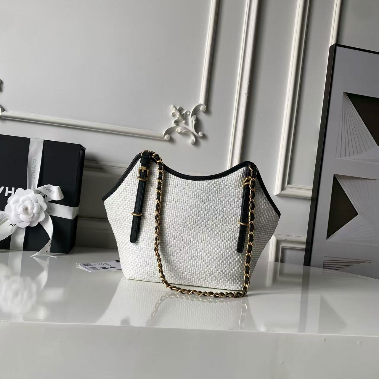 CHANEL white grass woven black leather gold label vacation style tote bag