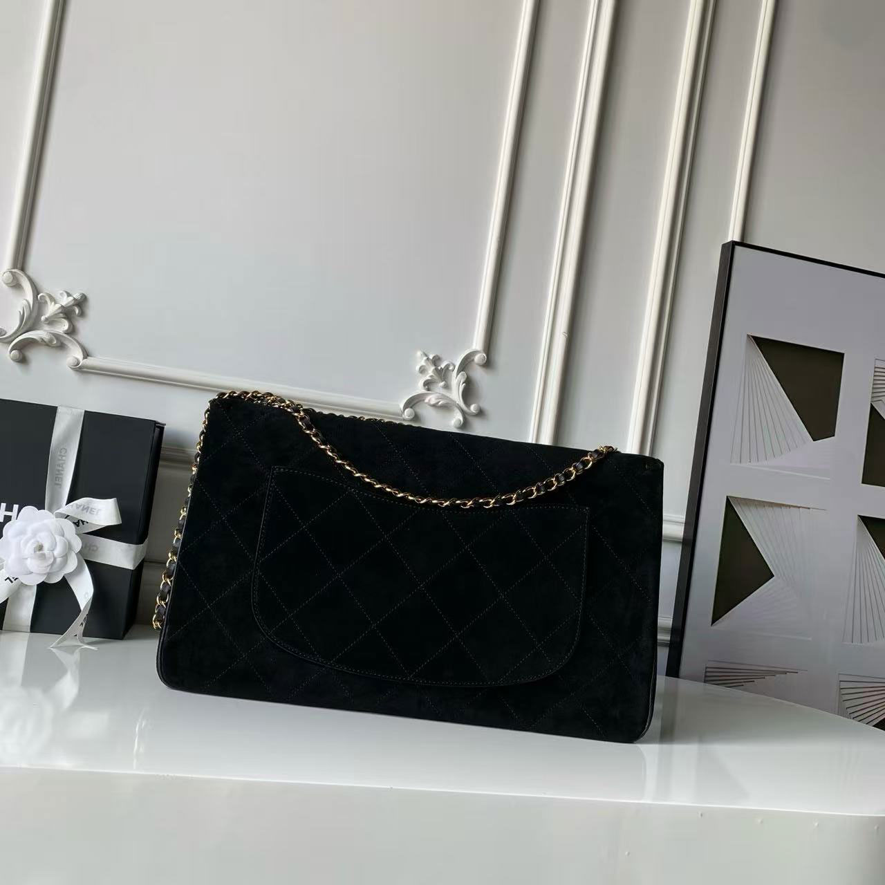 CHANEL black suede diamond grid retro gold chain large CF tote bag