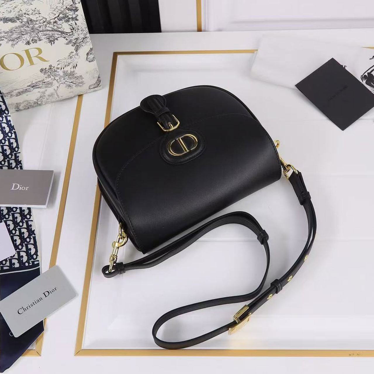 Dior Bobby Small Black Smooth Leather Gold Buckle Saddle Cross Bag