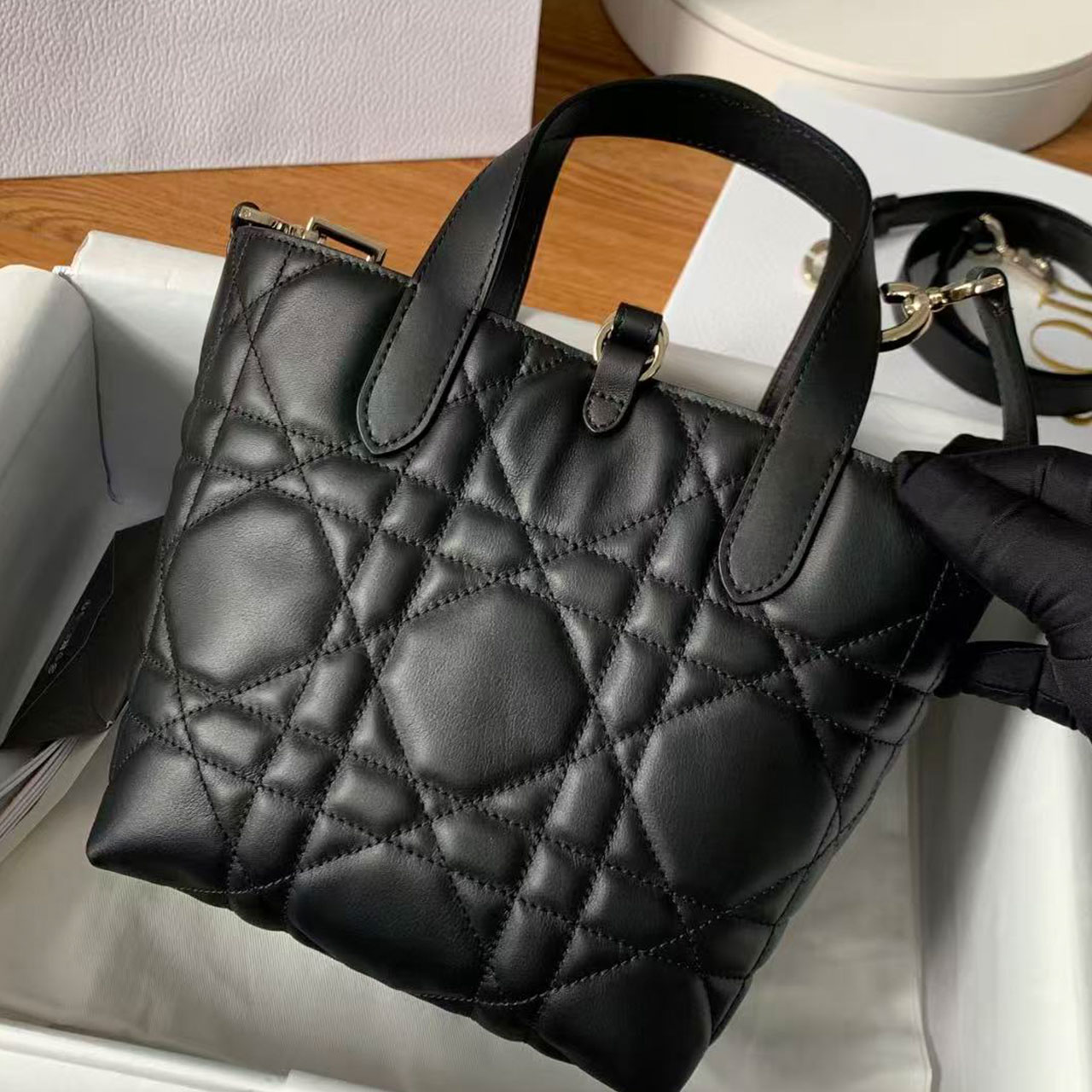 Dior Mini Book Tote Black Vine Pattern Sheepskin Mini Tote Bag