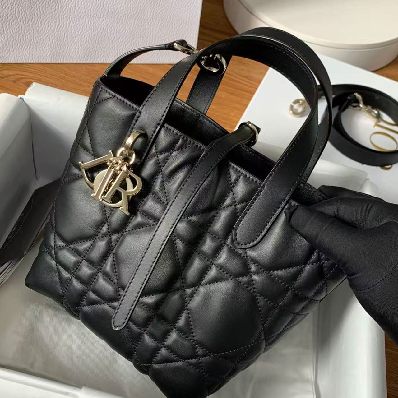 Dior Mini Book Tote Black Vine Pattern Sheepskin Mini Tote Bag