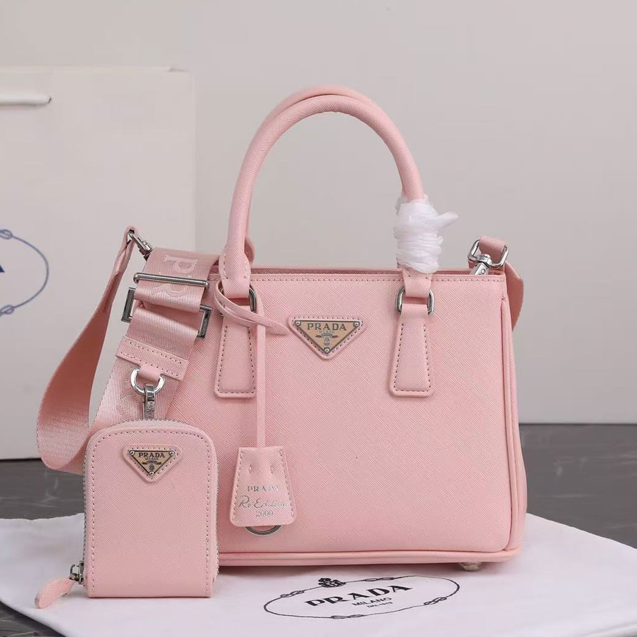 Prada Galleria Mini Cherry Blossom Pink Cross Pattern Killer Bag Set