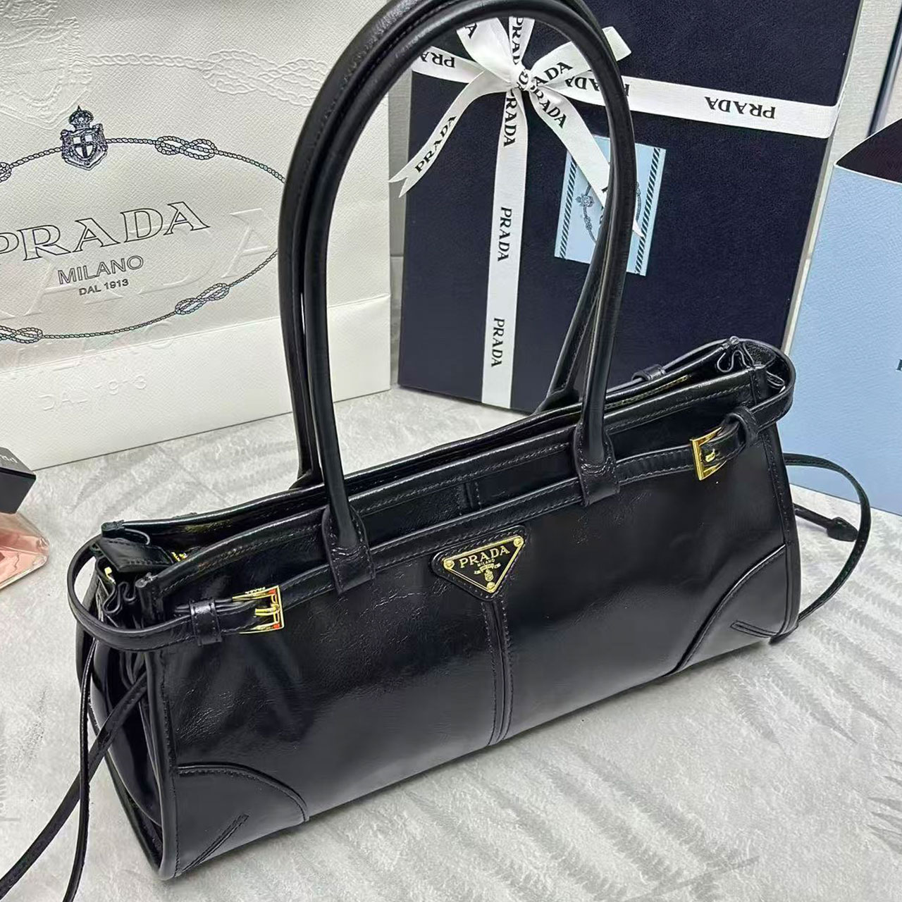 Prada Black Oil Wax Leather Long Underarm Tote Bag
