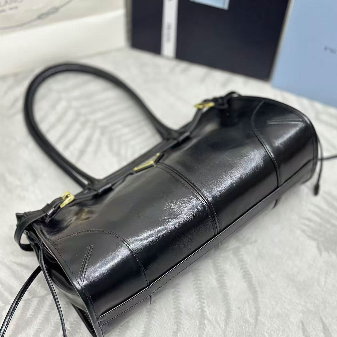 Prada Black Oil Wax Leather Long Underarm Tote Bag