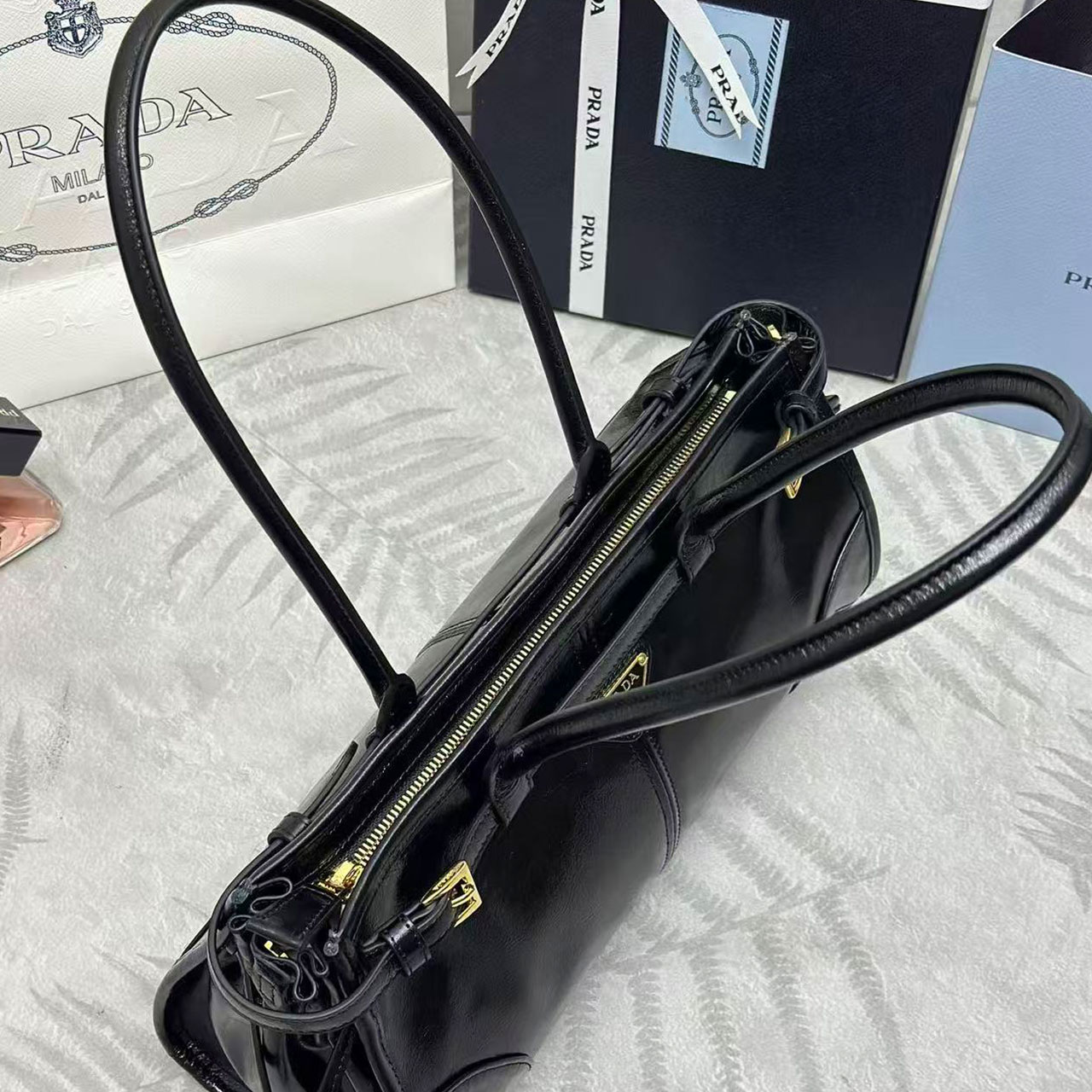 Prada Black Oil Wax Leather Long Underarm Tote Bag