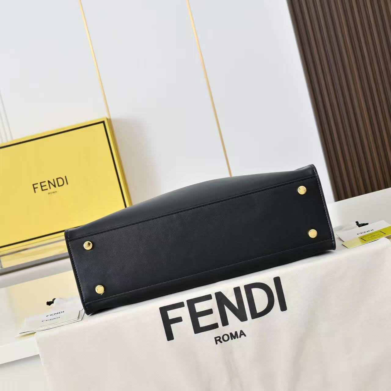 FENDI Peekaboo black smooth cowhide gold buckle tote bag