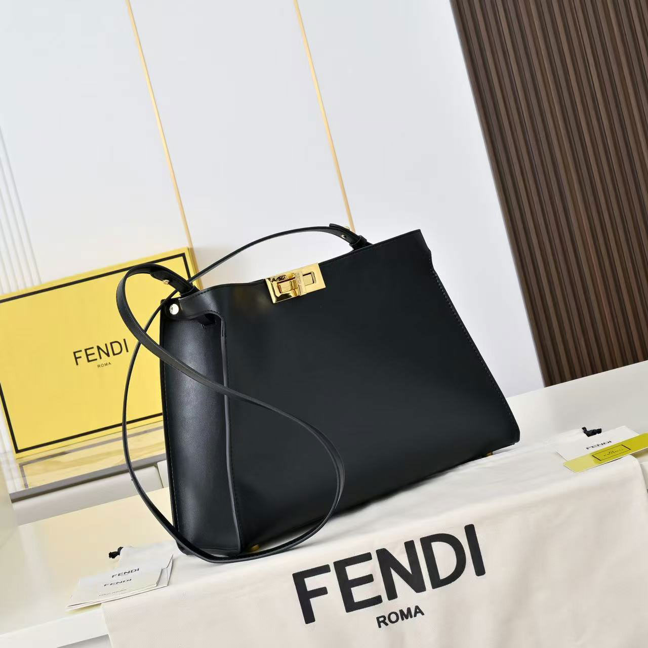 FENDI Peekaboo black smooth cowhide gold buckle tote bag
