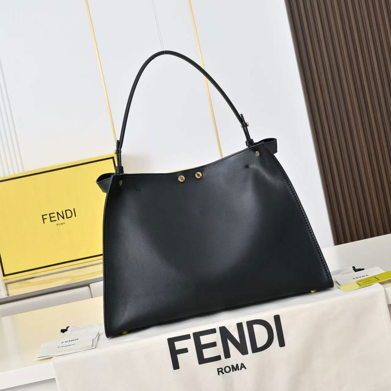 FENDI Peekaboo black smooth cowhide gold buckle tote bag