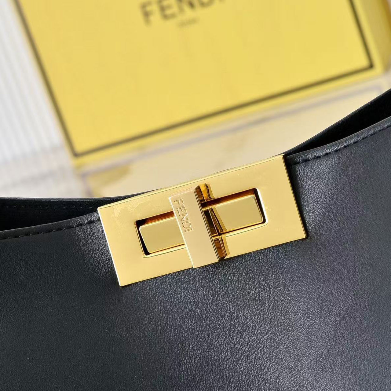 FENDI Peekaboo black smooth cowhide gold buckle tote bag