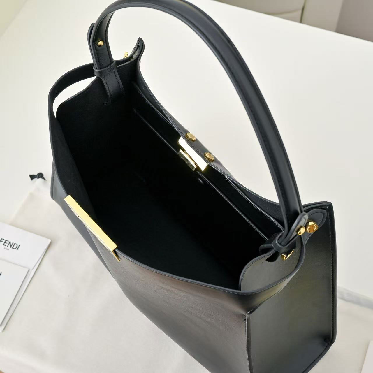 FENDI Peekaboo black smooth cowhide gold buckle tote bag