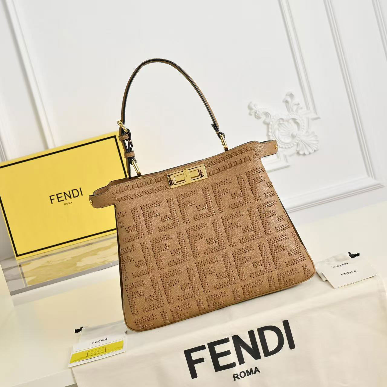 FENDI Peekaboo Milk Tea FF Embroidered Leather Tote Bag