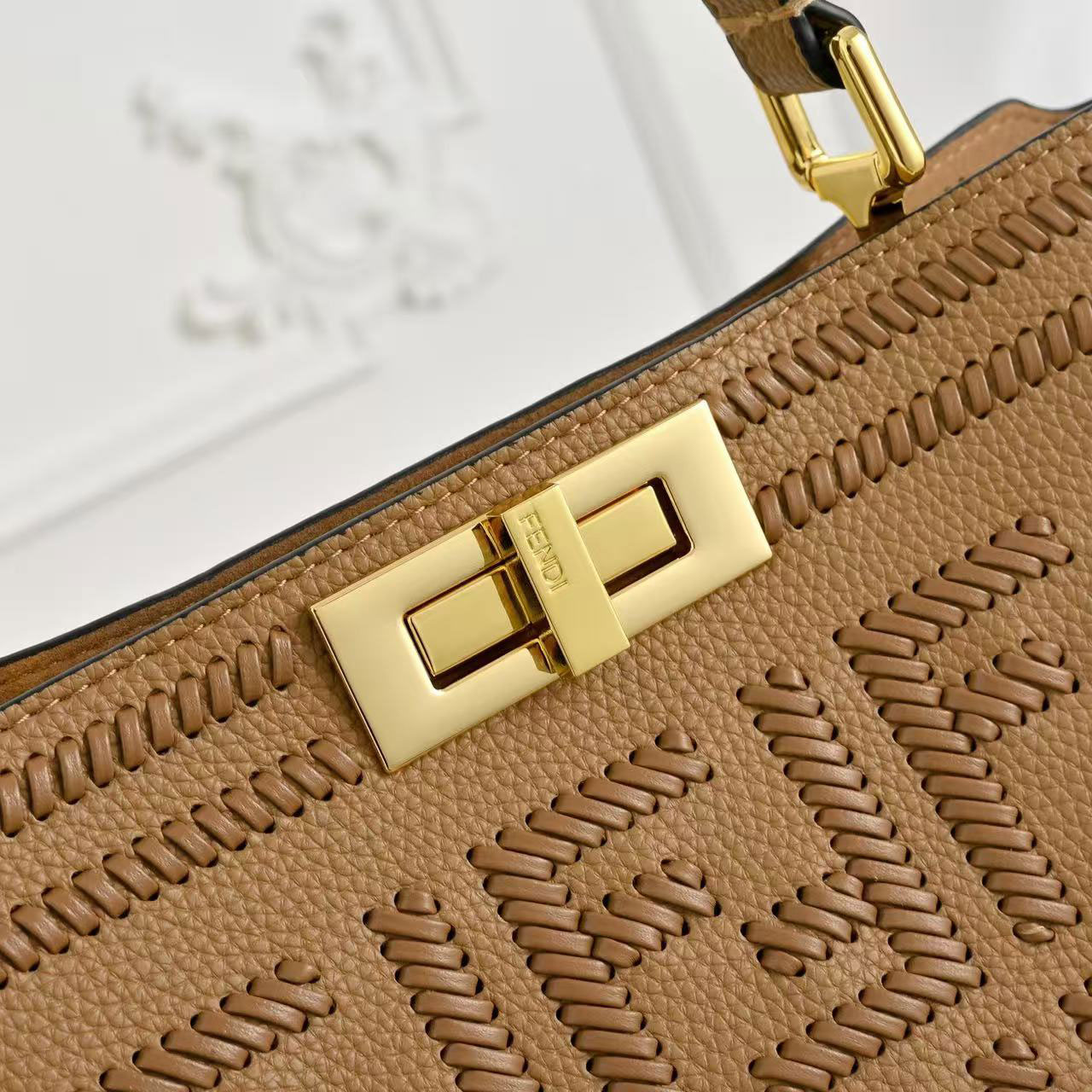 FENDI Peekaboo Milk Tea FF Embroidered Leather Tote Bag