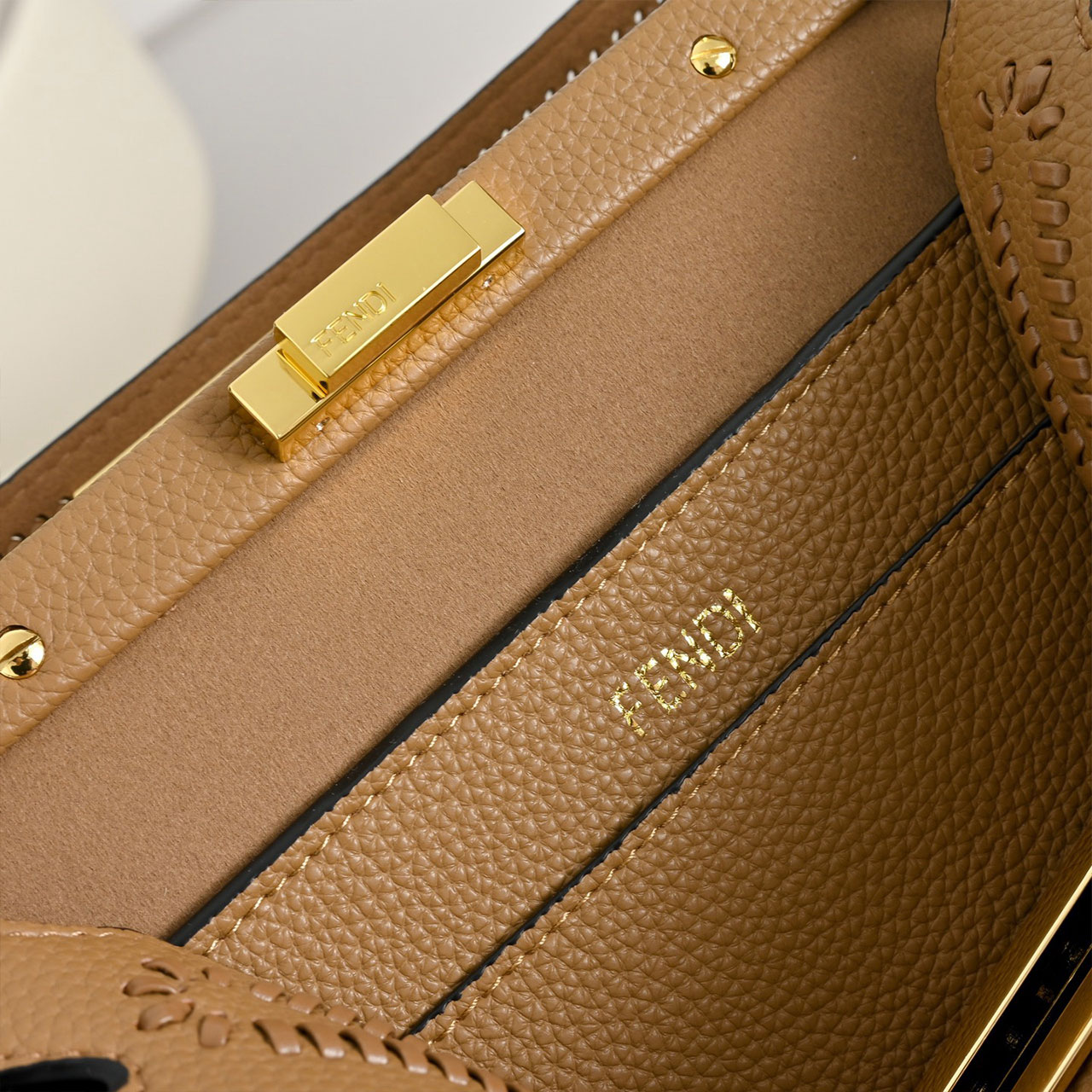 FENDI Peekaboo Milk Tea FF Embroidered Leather Tote Bag