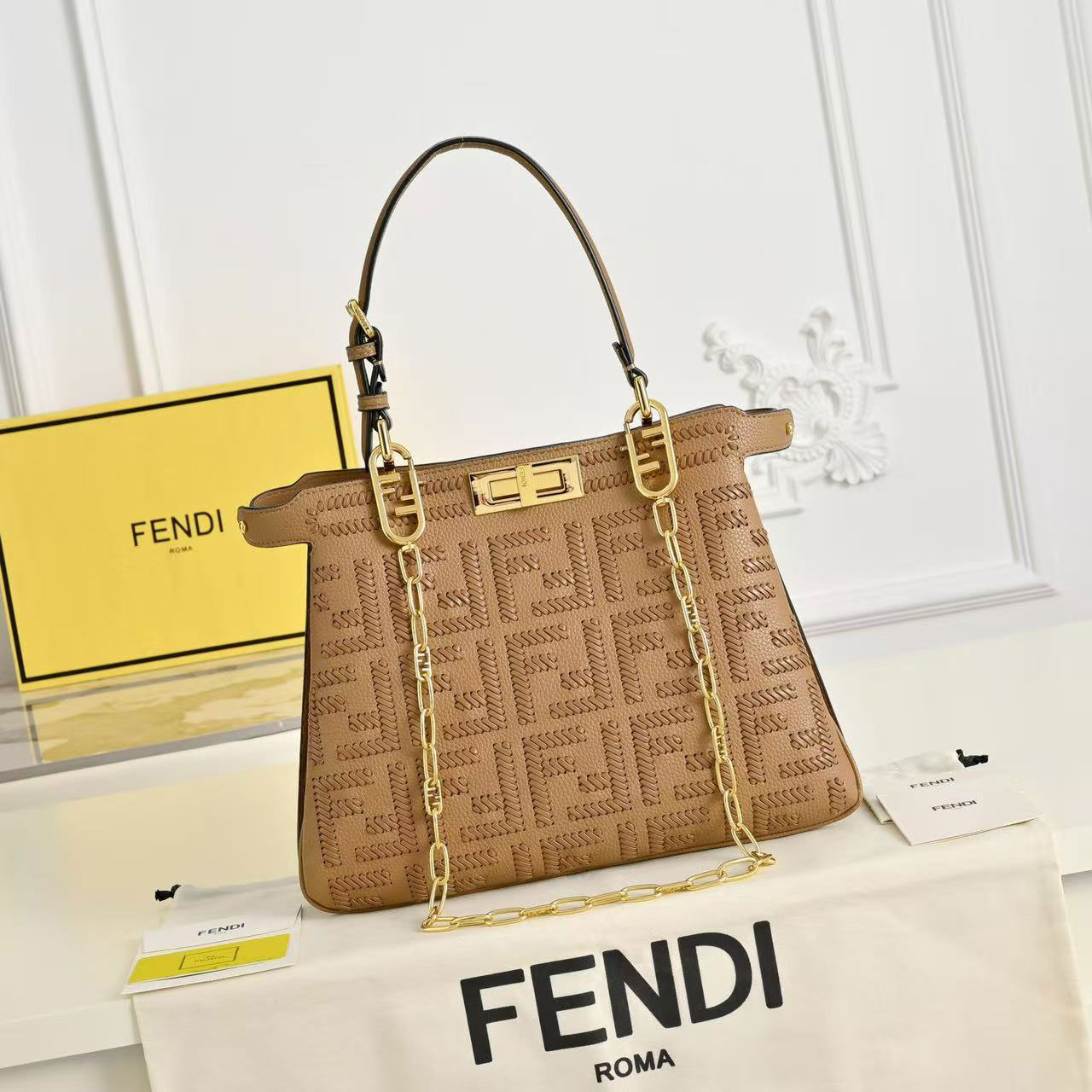 FENDI Peekaboo Milk Tea FF Embroidered Leather Tote Bag