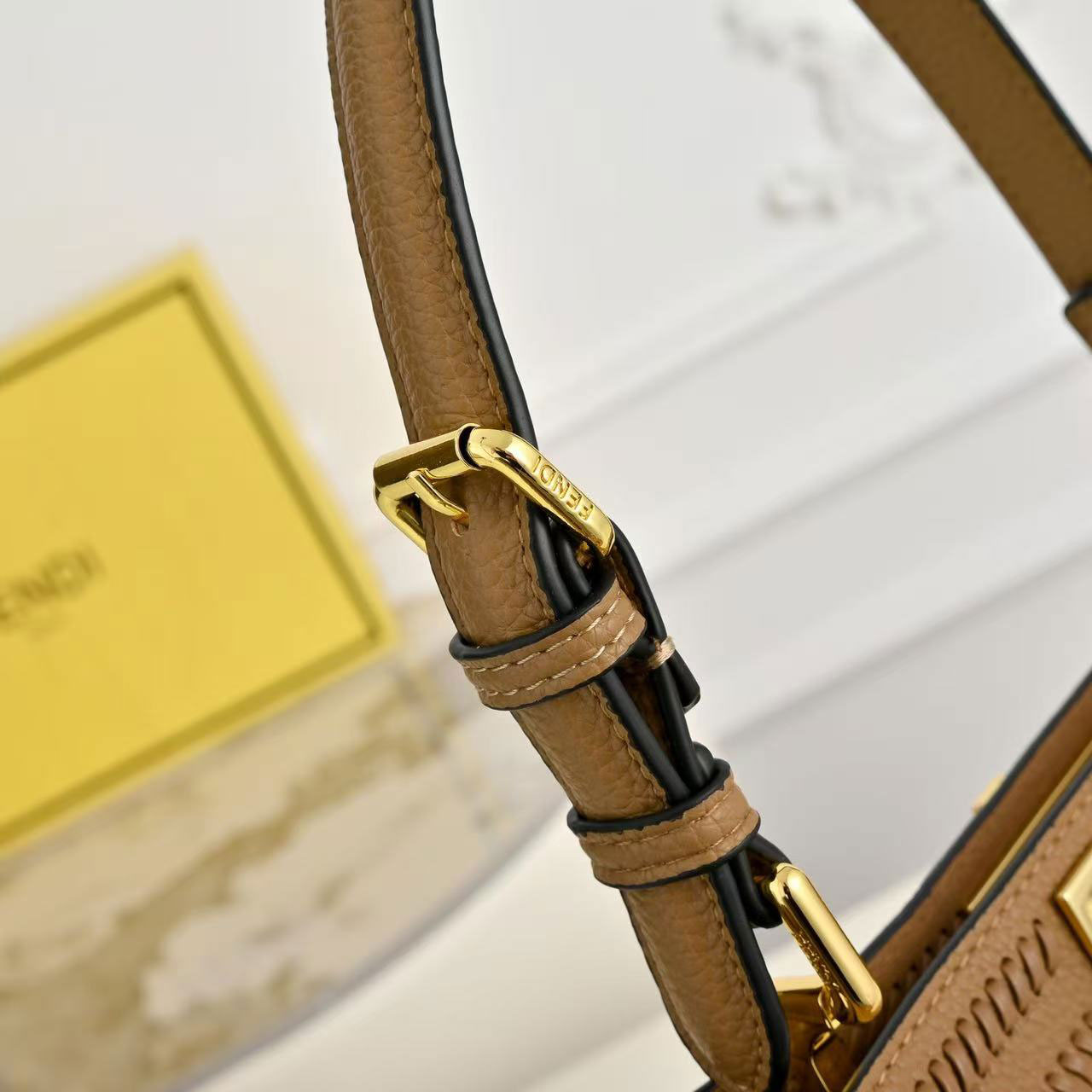 FENDI Peekaboo Milk Tea FF Embroidered Leather Tote Bag
