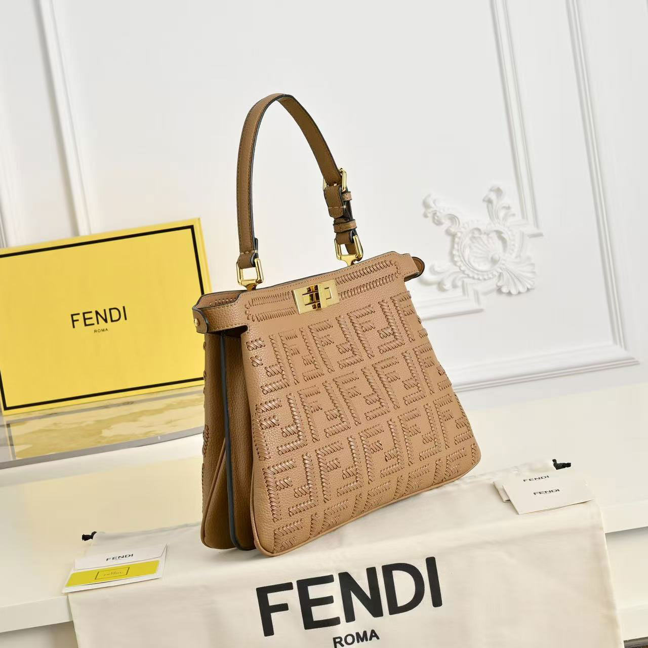 FENDI Peekaboo Milk Tea FF Embroidered Leather Tote Bag