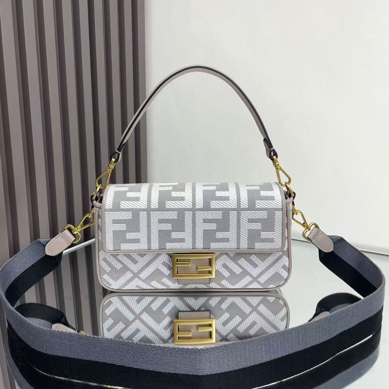 FENDI Baguette Grey White FF Old Flower Method Stick Underarm Bag