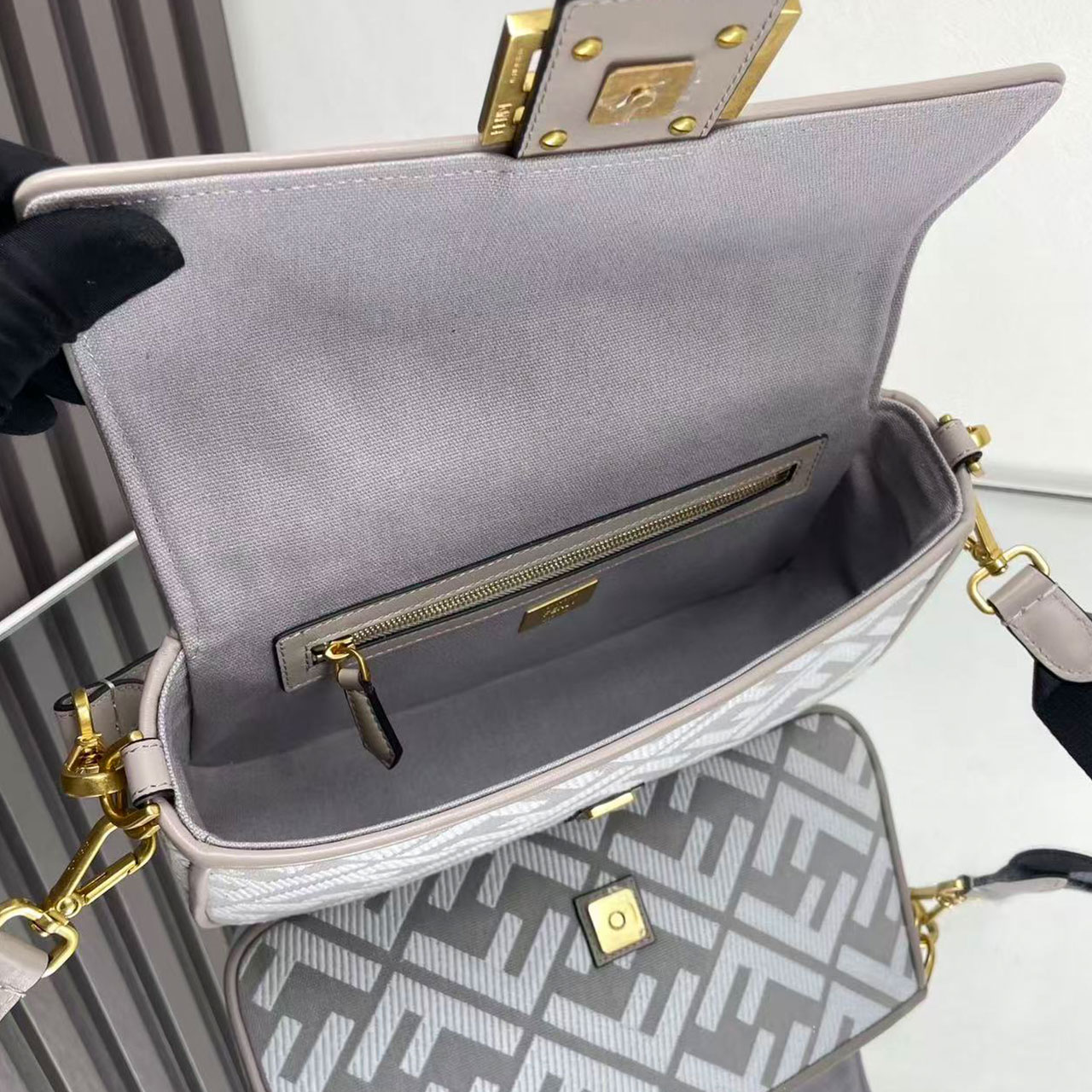 FENDI Baguette Grey White FF Old Flower Method Stick Underarm Bag