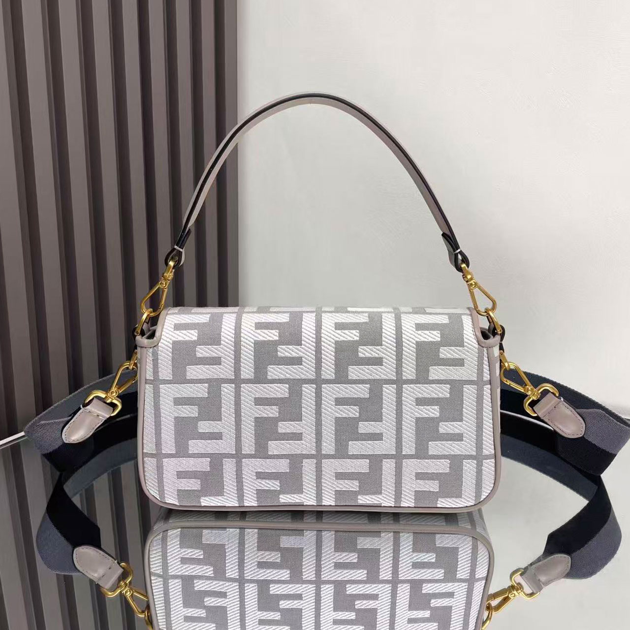 FENDI Baguette Grey White FF Old Flower Method Stick Underarm Bag