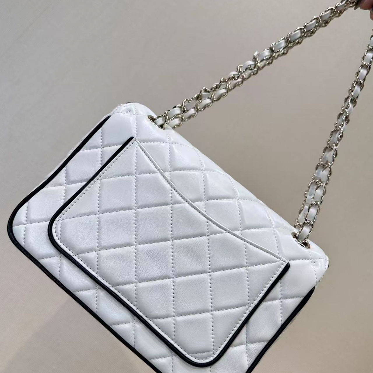CHANEL Aries leather black rolled edge silver buckle Classic Flap small diamond grid bag