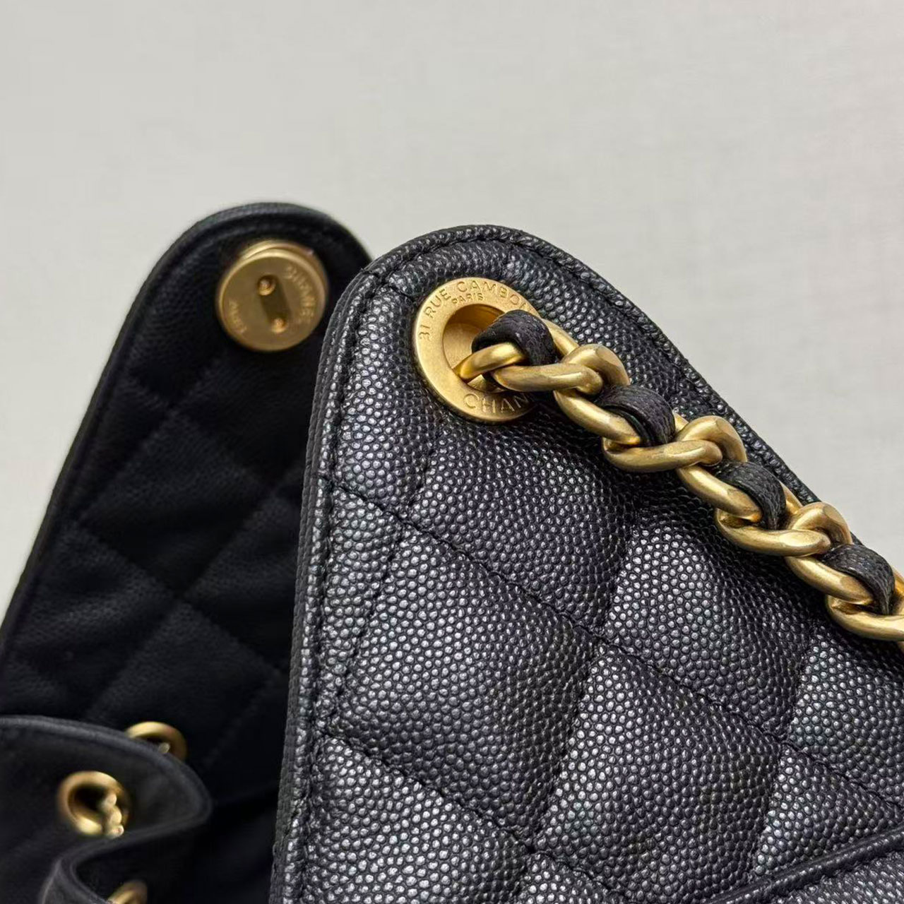 CHANEL black caviar diamond grid gold tag drawstring tote bucket bag