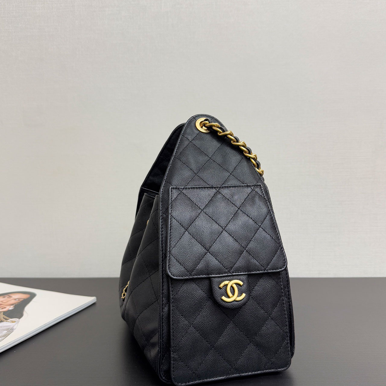 CHANEL black caviar diamond grid gold tag drawstring tote bucket bag