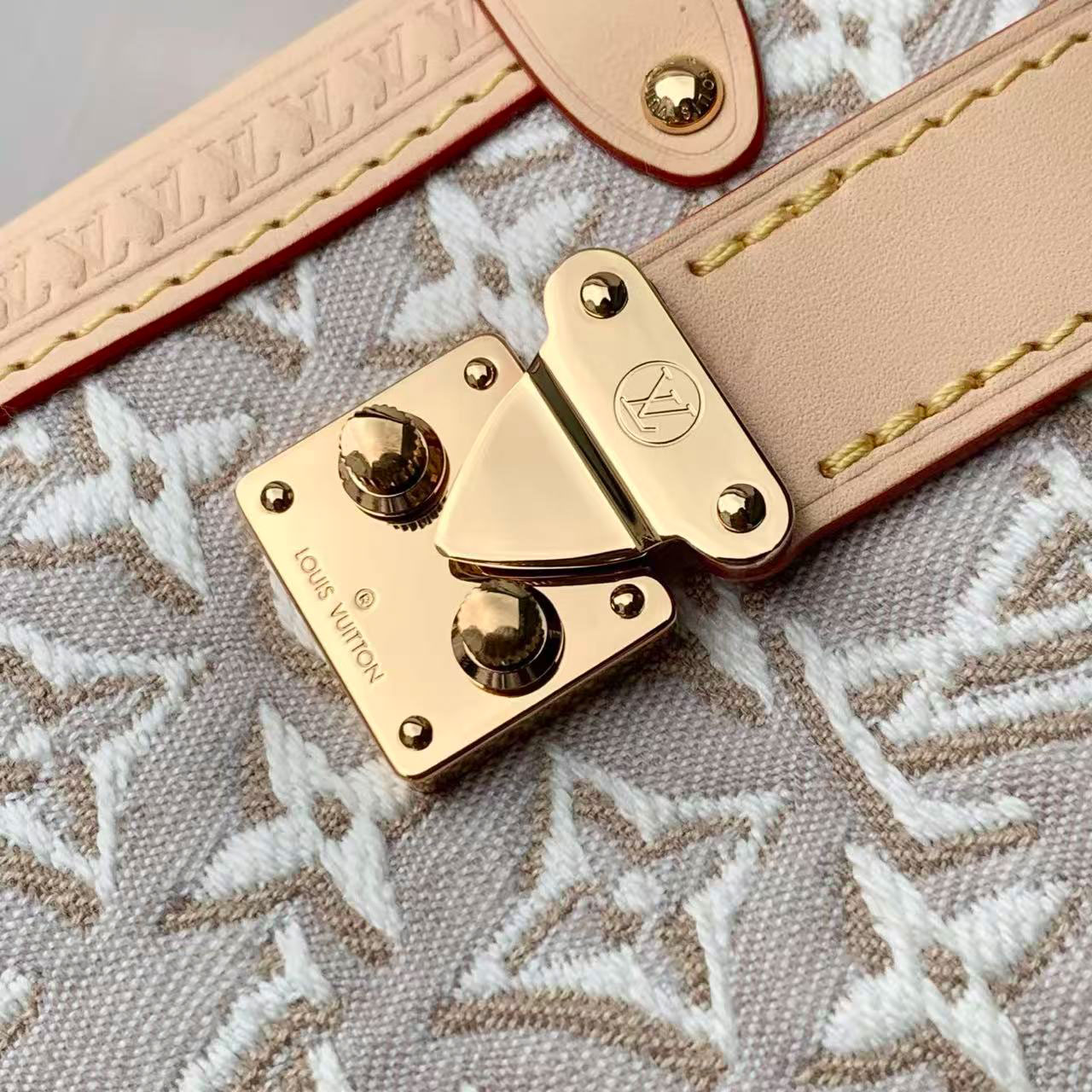 LV light white relief old flower woven hand-held hard box crossbody bag