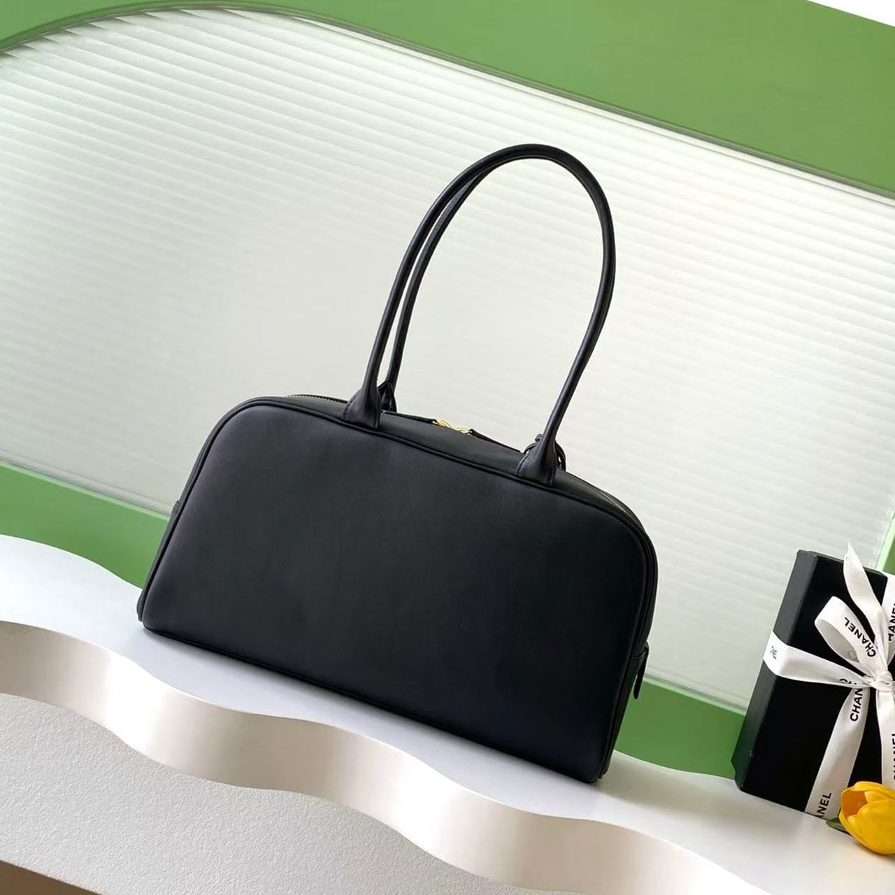 CHANEL Black Smooth Leather Gold Label Long Handle Bowling Underarm Bag