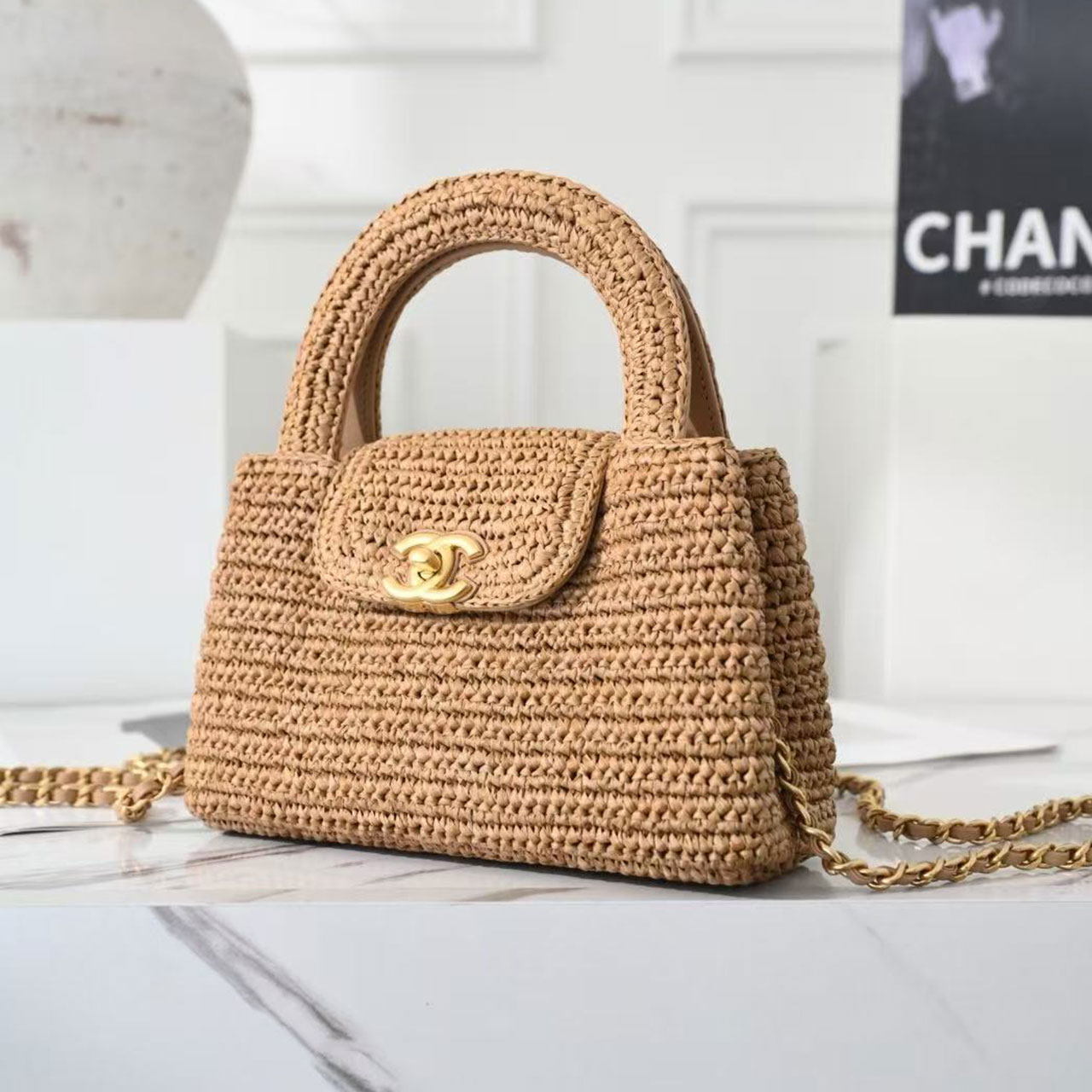 CHANEL straw woven round handle mini flip chain handbag