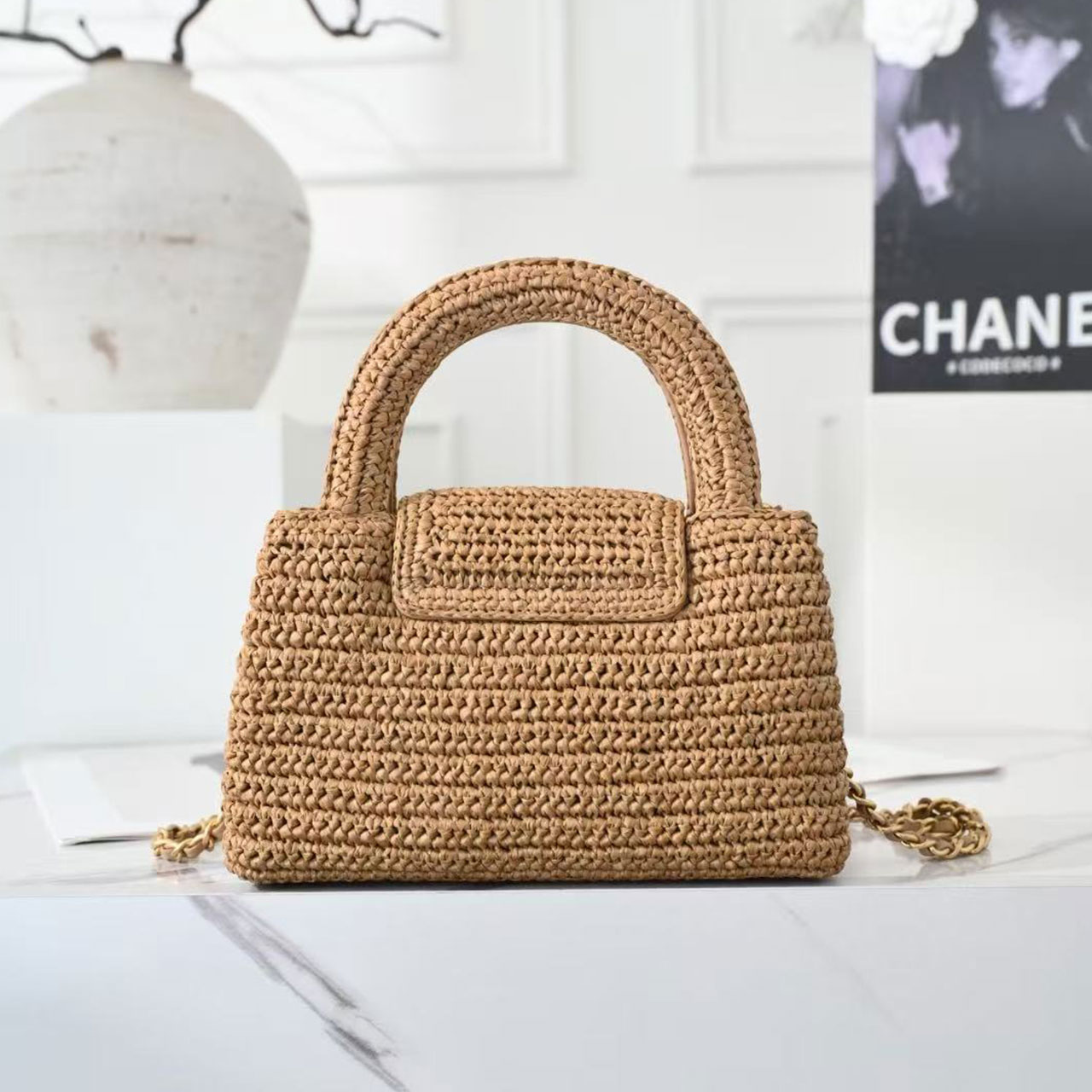 CHANEL straw woven round handle mini flip chain handbag