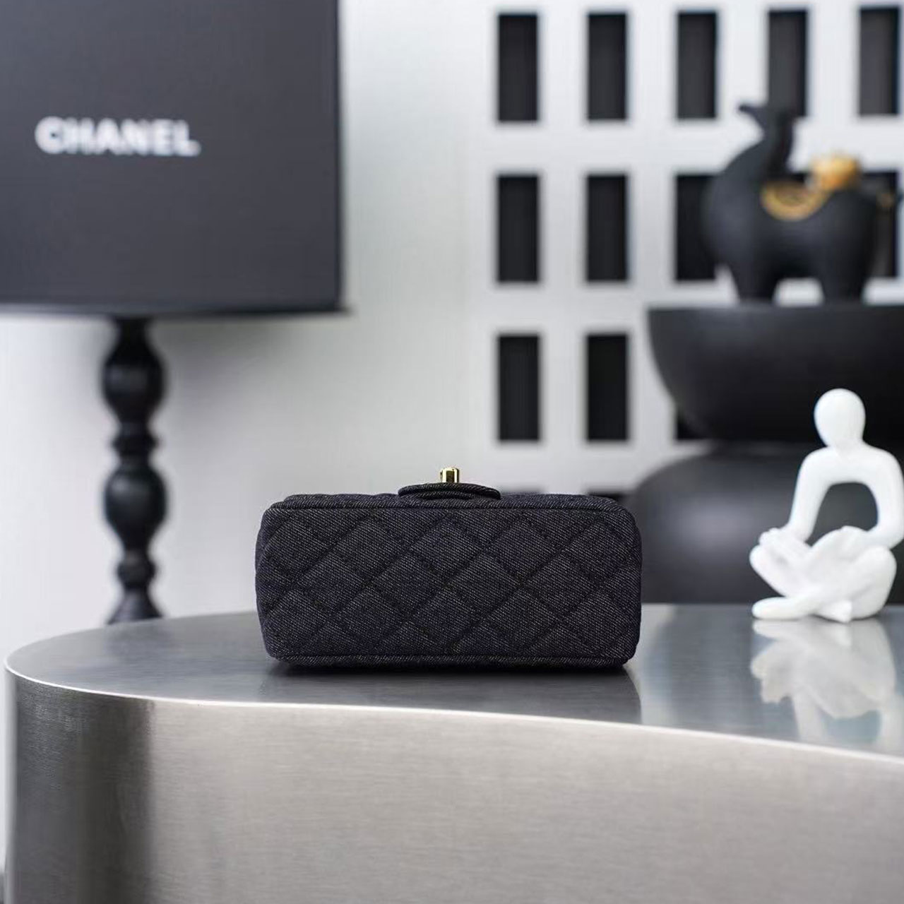 CHANEL deep blue denim diamond grid small golden ball CF mini crossbody bag