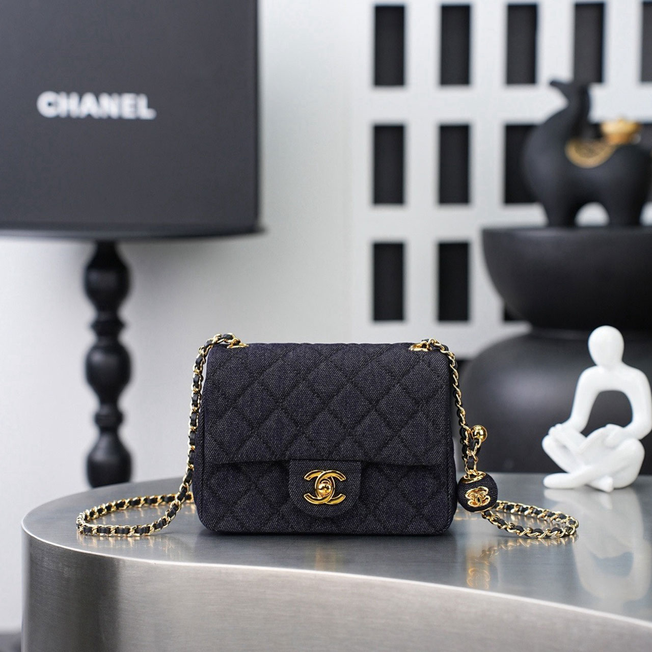 CHANEL deep blue denim diamond grid small golden ball CF mini crossbody bag