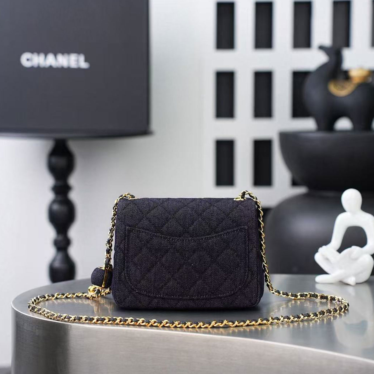 CHANEL deep blue denim diamond grid small golden ball CF mini crossbody bag