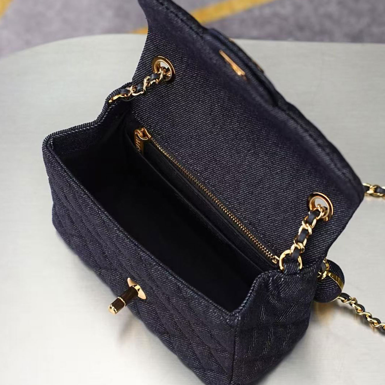 CHANEL deep blue denim diamond grid small golden ball CF mini crossbody bag