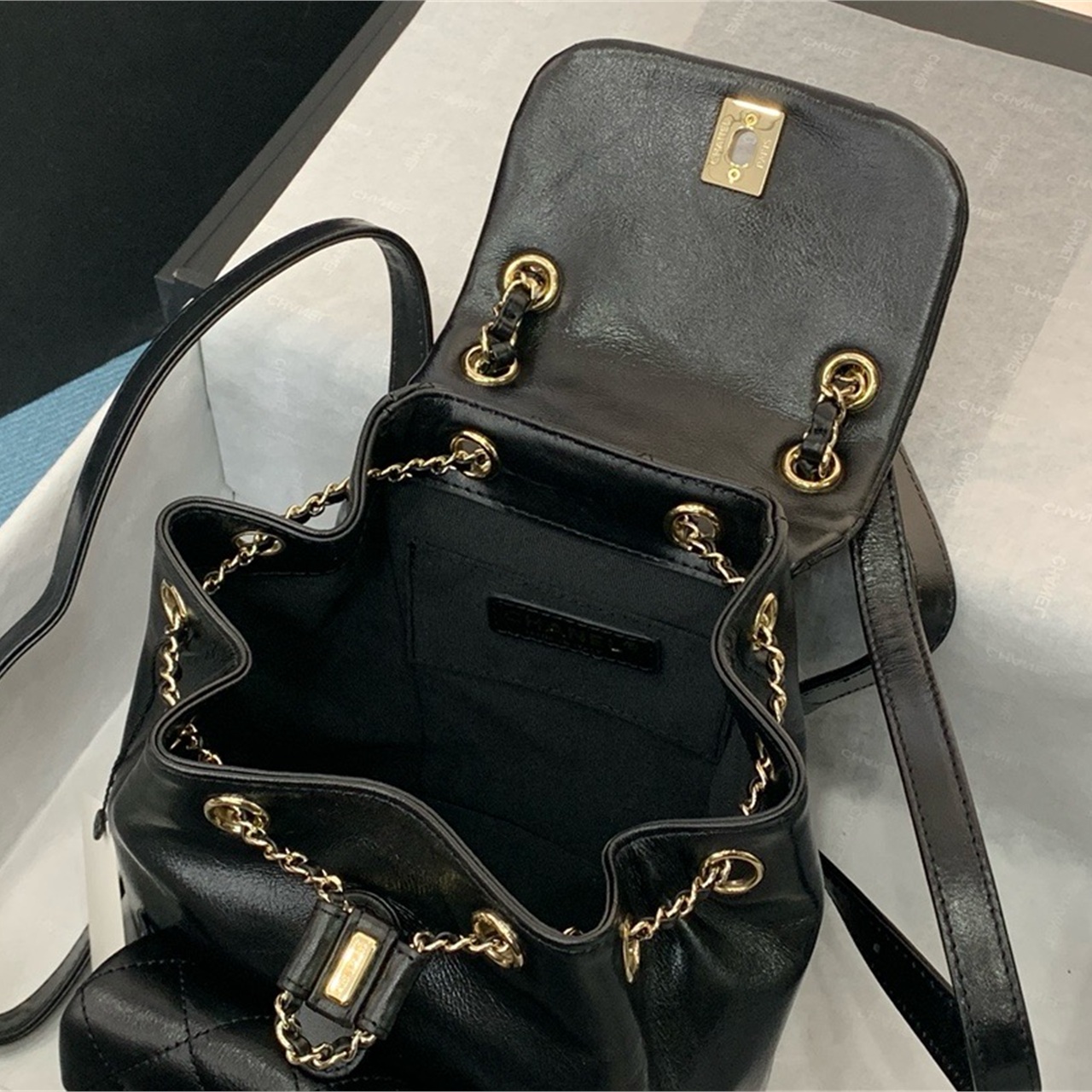 CHANEL black oil wax leather diamond grid mini backpack