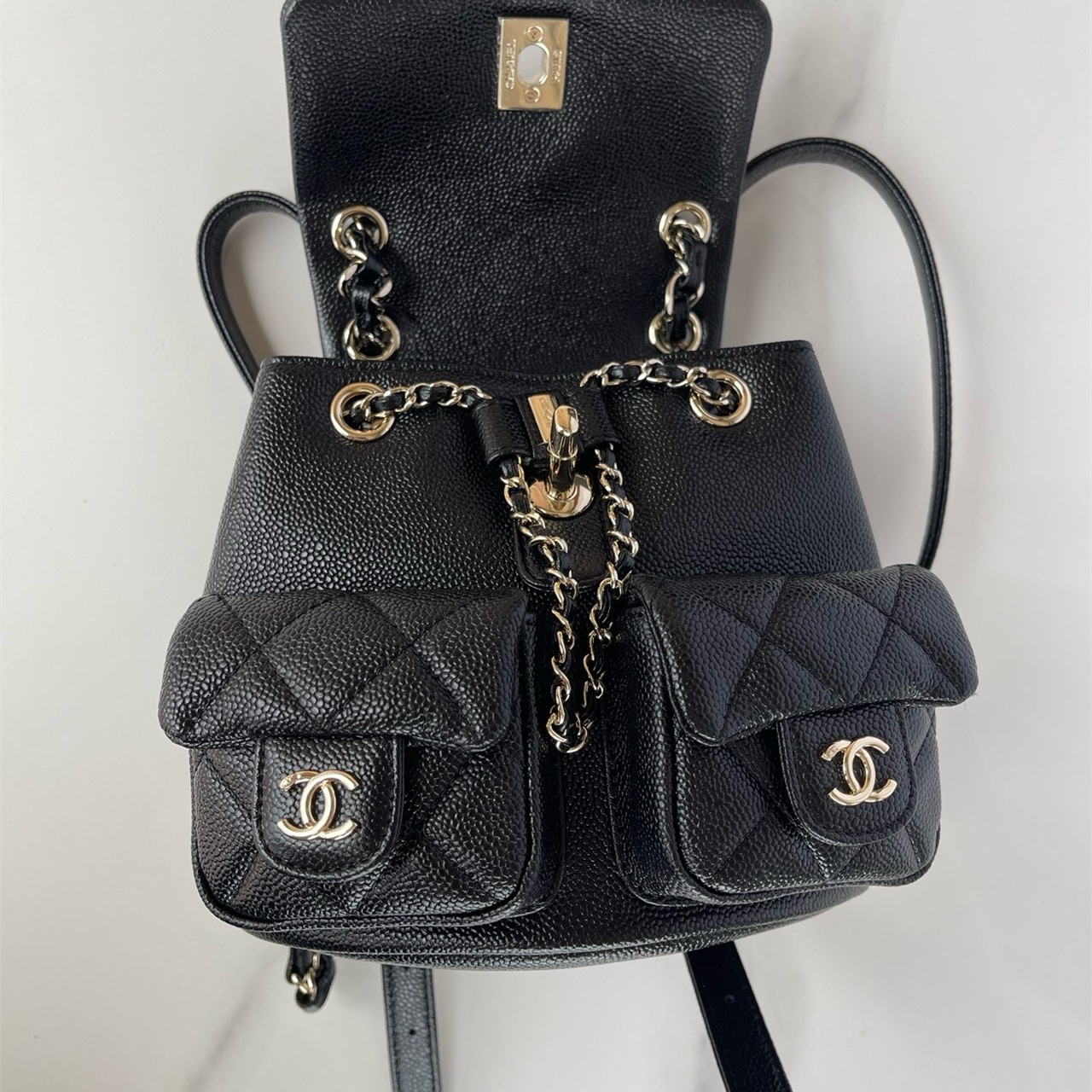 CHANEL black caviar cowhide three pocket mini backpack