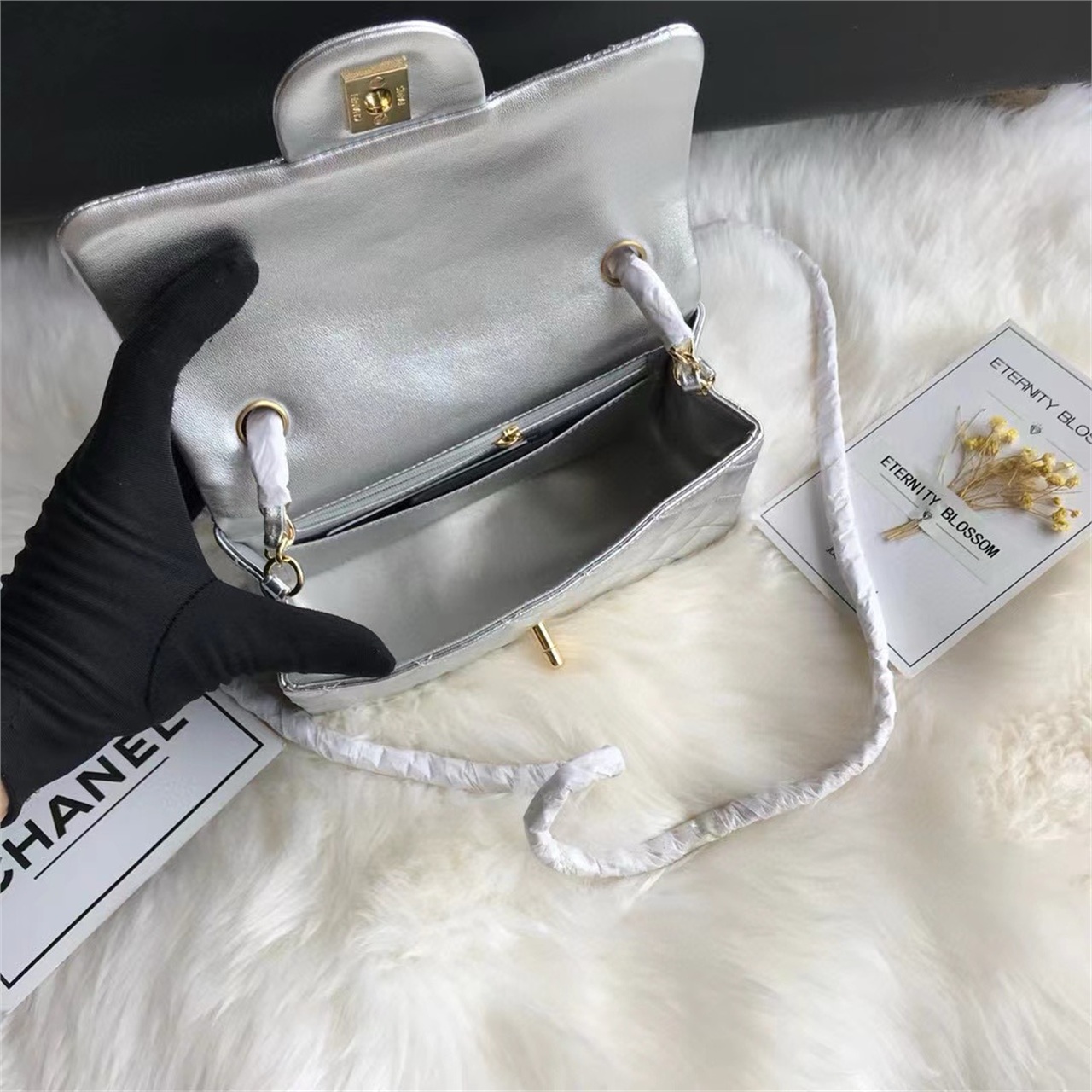 CHANEL Silver Metallic Sheepskin CF Mini Diamond Grid Chain Bag