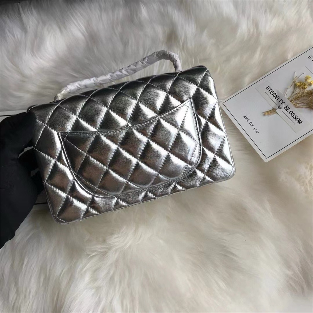 CHANEL Silver Metallic Sheepskin CF Mini Diamond Grid Chain Bag
