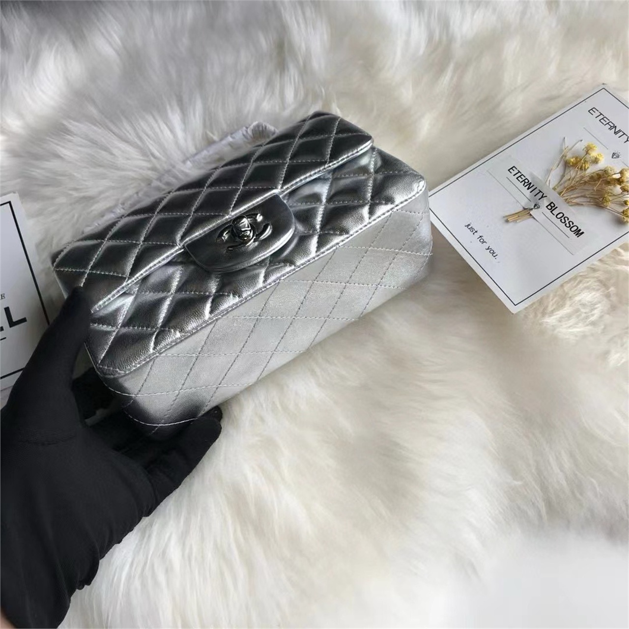 CHANEL Silver Metallic Sheepskin CF Mini Diamond Grid Chain Bag