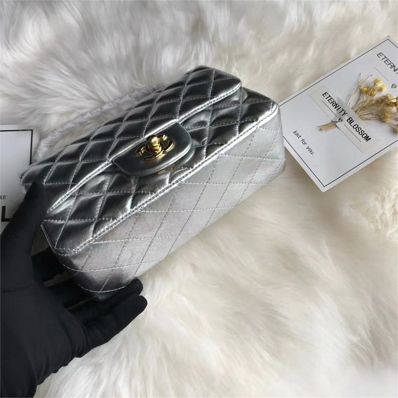 CHANEL Silver Metallic Sheepskin CF Mini Diamond Grid Chain Bag
